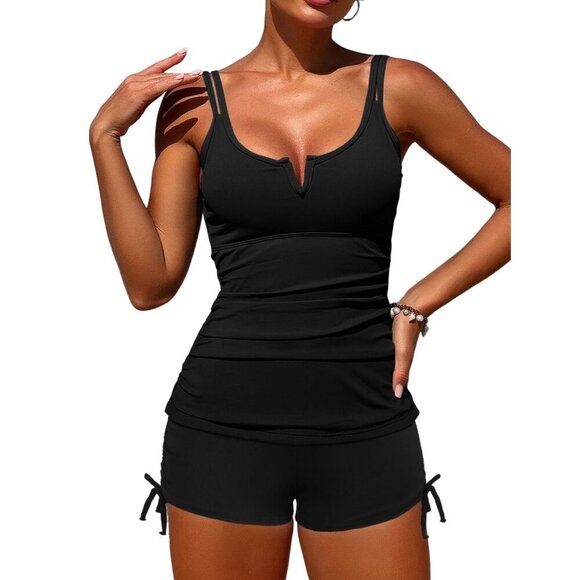 ZAFUL Tankini Swimsuits Tops Black Slimming Swim Ruched Tank Top Two Piece Small - Picture 1 of 1